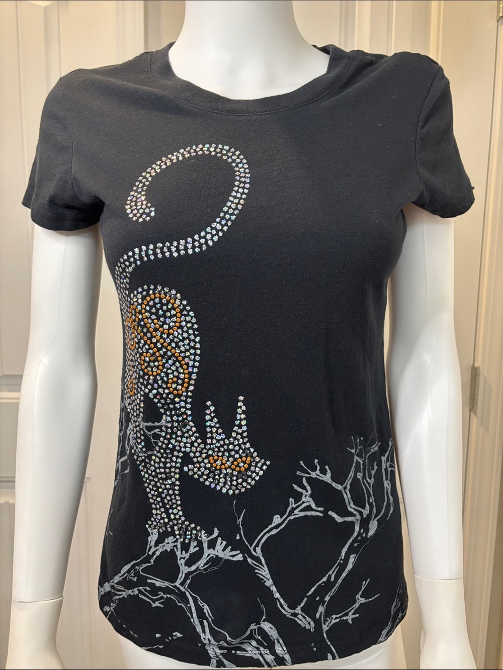 Studded Black Cat Graphic Tee - Women's Short Sleeve Size Large